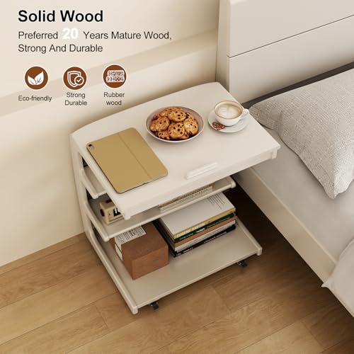 AQIMUELE Rolling Side Table, C Shaped End Table, C Table with 4 Wheels Solid Wood Small Rolling Desk with Adjustable Desktop,C Shaped End Table for Couch,Home Office(15.6" D x 23.6" W x 24.3" H) - color: White, size: 15.6"D x 23.6"W x 24.8"H, style: Moder