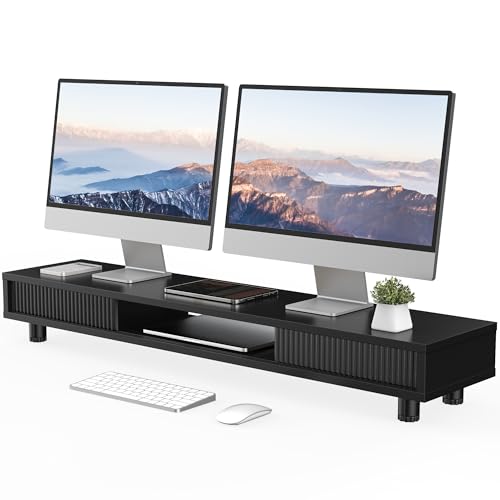 Fenge Dual Monitor Stand with Storage, Desk Shelf with Glass Sliding Door | Ergonomic Height Adjustment, 42.5in Monitor Shelf, 2-Tier Monitor Riser, Desk Organizer for Screen, PC, Laptop, Balck - color: Black