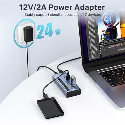ACASIS Powered 7 Ports USB 3.2 Hub, 10Gbps Data Transfer, 24W Adapter | Individual On/Off Switch for Each Port • Aluminum Housing • Better Heat Dissipation • Plug & Play - size: 7 ports