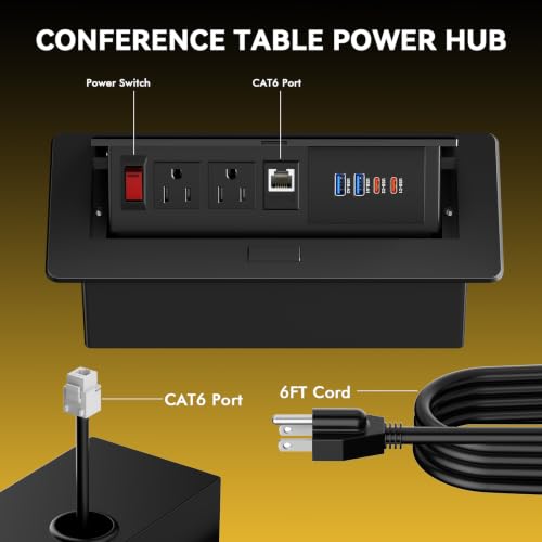 Kungfuking Conference Table Power Outlets with 2 USB C PD 30W, CAT6 Port | Recessed Table Power Outlets with Switch, CAT6 Cable, 2 USB-C & 2 USB-A Ports, Metal Housing, Pop-Up Design - color: 1PCS 6FT Black