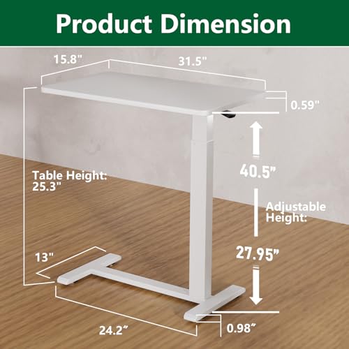 Ywin Hospital Bedside Table with Wheels, Pneumatic Lift, White | Wood top, 25-40in adjustable, 66lbs, rolling casters, mobile portable overbed table for bedside, home, patient care, medical - color: White, size: 32*16 in