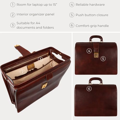 Time Resistance Leather Lawyer Briefcase - Italian Handmade Laptop Briefcase for Men and Women - Attache Case - Doctor Bag - color: Brown