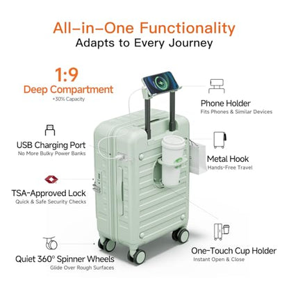 Expandable Lightweight PC Hard Shell Suitcase, 20-inch Carry On Luggage with TSA Lock, 360 Silent Spinner Wheels, Top Opening & Cup Holder - Ideal for Business Travel Suitcase (Mint Green) - color: Mint Green, size: Carry-on 20-Inch