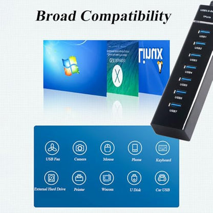 SuperSpeed USB 3.0 Hub 7-Port, Multiple Port USB Hub with Indictor Light, High Speed Data Transfer & Sync, Compatible with Mouse, Keyboard, Printer, Windows, MacOS, Linux