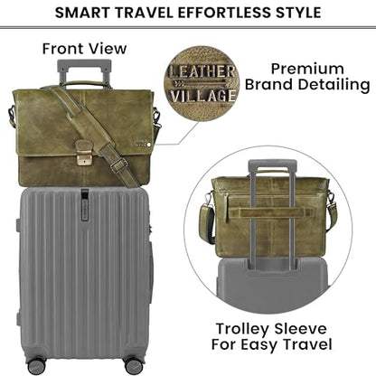 Leather Messenger Bag for Men & Women, 16'' Handmade Laptop Briefcase Satchel, Crossbody Shoulder Office Bag for Work, Travel - color: Olive