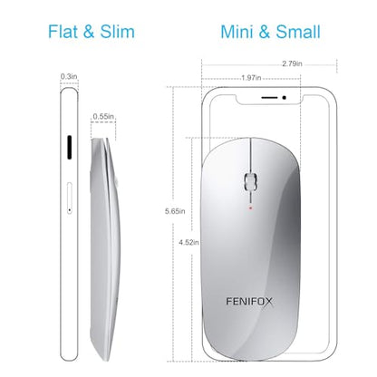 FENIFOX Wireless Bluetooth Mouse, Slim Travel Silent Rechargeable Silver | Flat, Portable, Whisper Quiet, 3 Buttons Design , 2400 DPI Precision for iPad Laptop MacBook Tablet iPhone - color: Silver