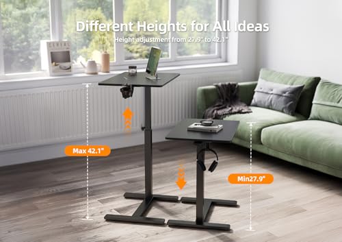 Claiks Mobile Standing Desk with Cup Holder Overbed Table 25.5" Black | Cup Holder, Rolling Adjustable Desk, Hidden Wheels, Gas Spring Lift, Side Hook, Easy Assembly, Hospital Use - color: Black