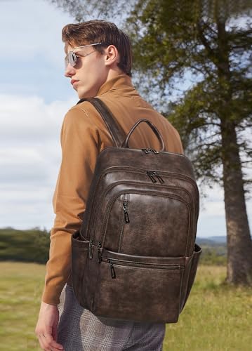 Leather 17 inch Laptop Backpack for Women, Large Travel Backpack Purse for Casual Daypack College Work Bag - color: Coffee