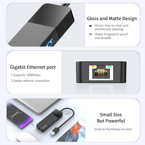 USB to Ethernet Adapter, 3xUSB 3.0 and 1000M RJ45 Network Hub for Laptop | 4-in-1 USB A Hub (Gigabit RJ45 & 3 USB-A ports) Plug & Play for Laptop/PC/MacBook/Surface/Dell XPS, Windows/Mac/Chrome OS - size: 0.95FT -4 in 1 USB A to Ethernet Adapte