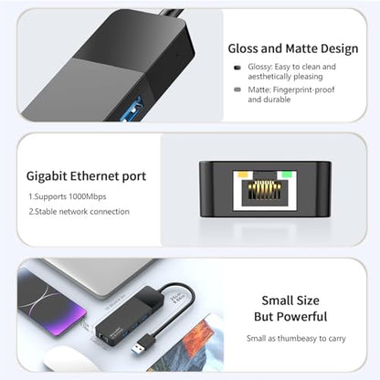 USB to Ethernet Adapter, 3xUSB 3.0 and 1000M RJ45 Network Hub for Laptop | 4-in-1 USB A Hub (Gigabit RJ45 & 3 USB-A ports) Plug & Play for Laptop/PC/MacBook/Surface/Dell XPS, Windows/Mac/Chrome OS - size: 0.95FT -4 in 1 USB A to Ethernet Adapte