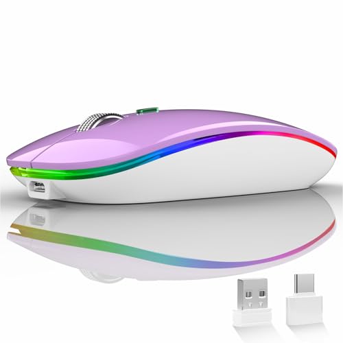 Uiosmuph LED Wireless Mouse, G12 Slim Rechargeable Silent Mouse - Purple | 2.4GHz Optical, USB C Charging, Quiet Click, LED, Portable, 1600DPI, USB Receiver, Type C Adapter, Cordless, for Laptop/Mac - color: Purple