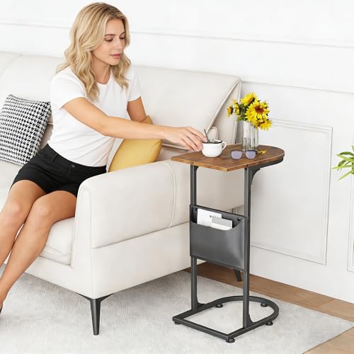 C Shaped End Table, Small Side Table for Couch, C Table that Slides Under Sofa with Storage Bag, TV Tray Table for Recliner, Living Room, Bedside, Bedroom, Small Spaces, Rustic Brown - color: Classic Rustic Brown