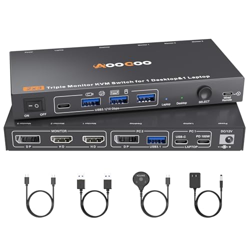 USB C DP KVM Switch 2 Computers 3 Monitors,4K/1080P@60Hz MST KVM Switch for 1 PC&1 Laptop Share 3 Monitor with 4 USB3.0 Devices,PD for Laptop, USB Cables and Power Adapter(4K USB C DP 2 in 3 Out KVM) - color: Black, size: 17 cm
