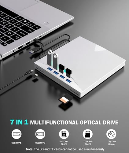 External CD/DVD Drive for Laptop PC,8 IN 1 LED CD Reader for Laptop CD Burner CD ROM DVD-/+RW Writer Reader with TF/SD Card Slots,USB 3.0 DVD Drive External,Compatible with Mac,Windows 11/10/8/7,Linux - color: White
