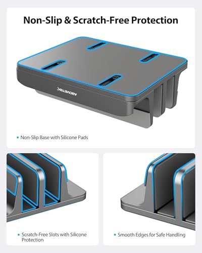 AboveTEK Vertical Laptop Stand, 3 Slots Aluminum Desk Laptop Holder & Laptop Docking Station Stand for MacBook, Tablet, Phone - Universal Fit (Up to 17.3") - Heavy Duty Polished, Anti Slide - Grey - color: Grey
