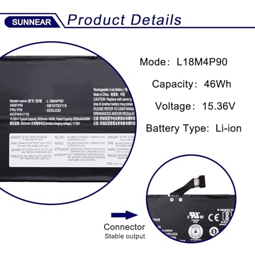 L18M4P90 L18C4P90 Laptop Battery for Lenovo ThinkPad L13 Yoga Series | 15.36V 46Wh 3000mAh; Battery Replacement for Lenovo ThinkPad L13 1st 2nd Yoga 1st 2nd L18D4P90 02DL030 SB10T83119 SB10T83120 - size: 13.19*5.24*1.14 inches L18M4P90