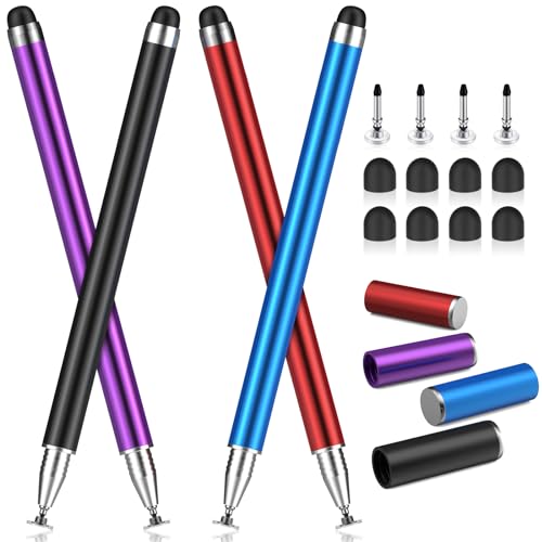 MEKO 4 Pack Stylus Pens for Touchscreens, 2-in-1 High Sensitivity&Precision Capacitive Stylus Pens for iPad iPhone Android Smartphone Tablets All Touchscreen Devices(4 Stylus + 12 Tips) | High Sensitivity,Fine Disc & Rubber Nibs, Compatible with iPad iPho