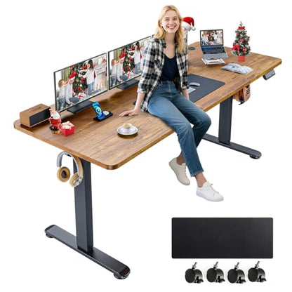 farexon Electric Standing Desk Adjustable Height, 71 x 28 Inch Sit Stand up Desk with Large Mouse Pad, Double Metal Hook,4 Wheels,4 Memory Preset Heights Home Office Computer Desk（Brown） - color: Brown, size: 71 x 28''