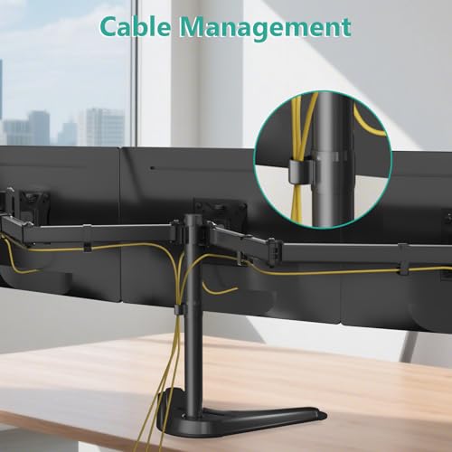 WALI Freestanding Triple Monitor Stand for 13-27 inch Screens，22lbs per Arm | Articulating 3 Monitor Desk Mount, Full Motion with Tilt, Swivel, Rotation, C-Clamp & Grommet Base, VESA 75/100mm (MF003N) - size: Triple, style: Steel Free Stand