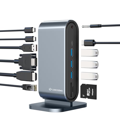 LUKCOZMO USB3.0 Universal Docking Station with 100W Charging, Dual Monitor for Windows and Mac, USB 3.0 or USB-C (HDMI, 1x USB-C, 4X USB3.0,VGA1080P, Ethernet, Audio, TF/SD Card Reader)