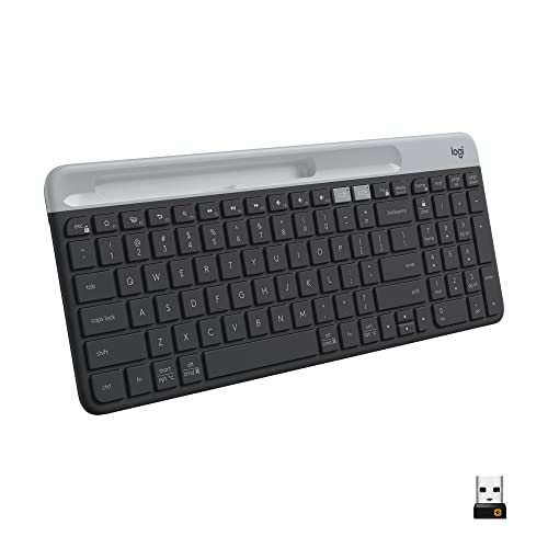 Logitech K585 Slim Wireless Keyboard with Built-in Phone Cradle - Graphite | Bluetooth with included USB receiver, connects 2 devices, cradle can hold smartphone or tablet up to 10 in. in landscape mode - color: Graphite