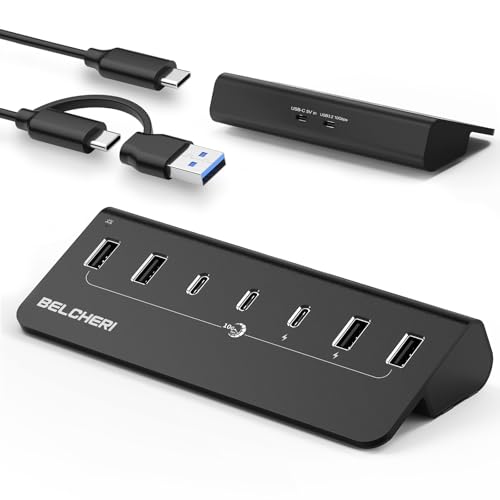 7-Port Powered USB Hub, 10Gbps High-Speed Data USB Splitter (4 USB-A and 3 USB-C Ports), Aluminum Hub with 5V/3A Adapter, for Laptop, MacBook, iPhone 16/15