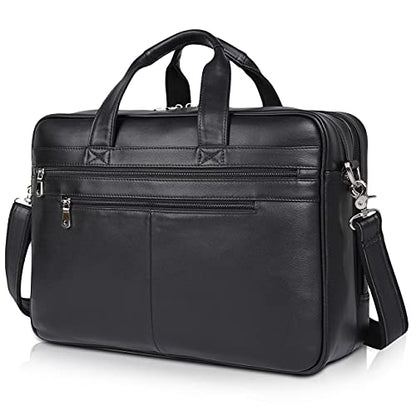Polare Full Grain Napa Leather 17" Briefcase Work Bag Business Case For Men | Cowhide Leather, Business Travel Laptop Case, Padded Compartment Fits 15.6" Laptop, YKK Zippers - color: Black(updated Version)