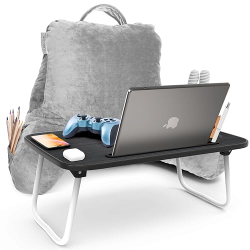 Clara Clark Reading Pillow with Portable Lap Desk Set for Kids, Back Pillow for Sitting Up in Bed, Memory Foam Back Support Pillow, Bed Rest Pillow with Foldable Laptop Desk, Small - Light Grey - color: Light Grey, size: Petite/Small