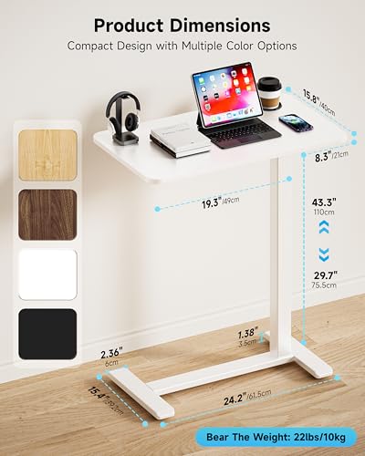 BIZUM Adjustable Bedside Table with Swivel Hidden Wheels Pneumatic Rolling Desk Mobile Standing Desk with Cup Holder for Hospital Home(27.6"x15.8" White) - color: White, size: 27.6"x15.8"