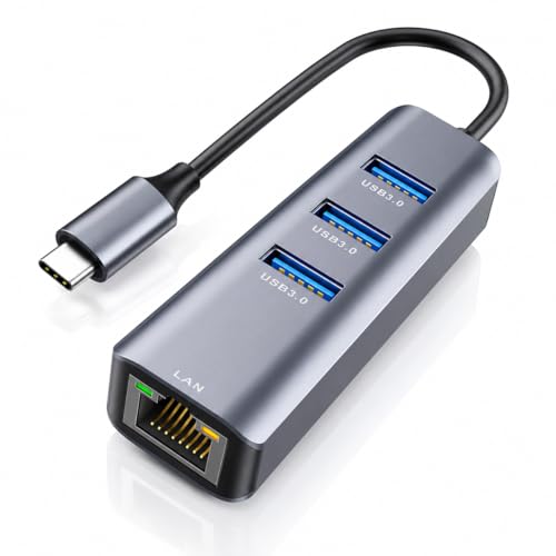 ABLEWE USB C to Gigabit Ethernet Adapter with 3 USB 3.0 Ports, 4-in-1 RJ45 Network Hub, Plug and Play USB-C LAN Adapter for MacBook Pro/Air, iPad Pro, iPhone 15/16, Chromebook, XPS, Surface - color: Grey