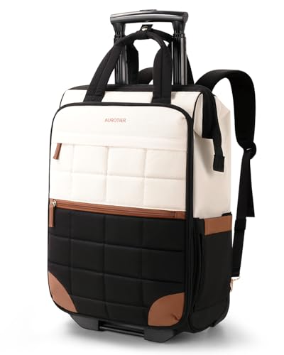 Rolling Puffer Backpack for Women, Wheeled Laptop Backpack, Short-Term Travel Backpack with Wheels, Roller Adults Work Computer Bag, Water Resistant Overnight College Underseat Carry on Luggage, Brown - color: Brown
