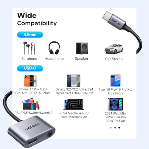 UGREEN USB C to 3.5mm Audio and Charger Adapter 2 in 1 Type C to Aux Headphone Jack with PD 60W Charging Dongle for Earbuds Compatible with iPhone 17 16 Pro Max, Galaxy S26 S25 Ultra iPad Pro Switch 2