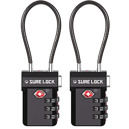 SURE LOCK TSA Approved Luggage Locks with Open Alert Indicator, 3 Digit Combination Cable Travel Lock for Suitcase, Backpack, Gym Locker, Toolbox, Carry On & Travel Bag - color: BLACK 2 PACK