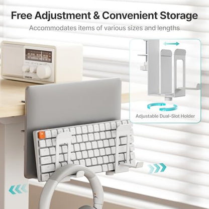 Laptop Stand Vertical, 2-Slot Under Desk Laptop Holder, White | Desk Side Storage with Headphone Holder, Laptop Organizer for Office Gaming - color: White