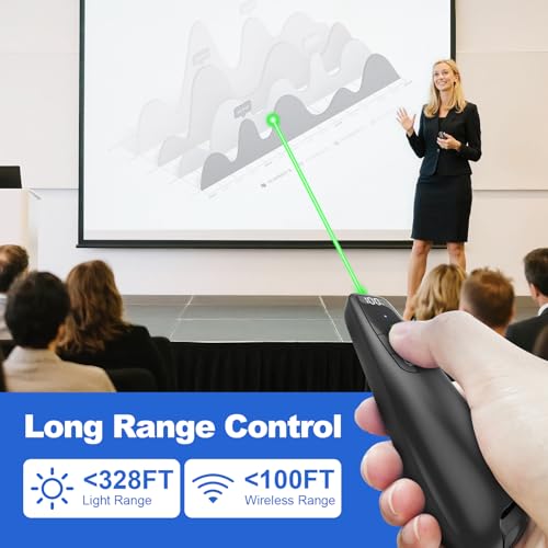 Rechargeable Presentation Clicker with Case, Power Digital Display Wireless Presenter Remote, USB C Green Light Pointer Computer PowerPoint PPT Clickers for Mac Laptop, Slideshow Google Slide Advancer - style: Green Light & Power Display