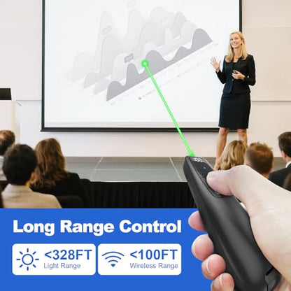 Rechargeable Presentation Clicker with Case, Power Digital Display Wireless Presenter Remote, USB C Green Light Pointer Computer PowerPoint PPT Clickers for Mac Laptop, Slideshow Google Slide Advancer - style: Green Light & Power Display