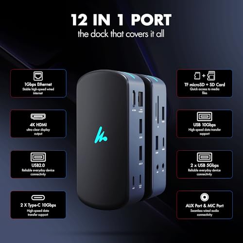 Type C 12 in 1 Wozoyo Docking Station, 4K@60Hz HDMI, Gigabit Ethernet 2XType-C 10Gbps, USB 10 Gbps, PD 100WUSB 2.0, AUX & MIC, SD/TF, Compatible Thunderbolt 4, macOS, Windows, Android & iOS - style: 12-in-1