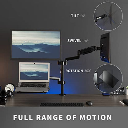 VIVO Laptop and Dual 17 to 32 inch Monitor Pneumatic Arm Mount, Fits 2 Flat or Curved Computer Screens and 10 to 15.6 Inch Notebooks, Laptop Tray, C-clamp, Grommet Mounting Base, Black, STAND-V003KL