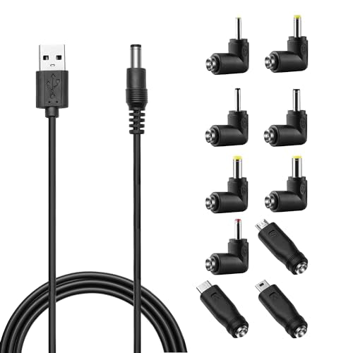DC 5V Power Cord, USB to DC 5.5x2.1mm Plug Charging Cable with 10 Connector Tips(5.5x2.5, 4.8x1.7, 4.0x1.7, 4.0x1.35, 3.5x1.35, 3.0x1.1, 2.5x0.7, Micro, Type-C, Mini USB)