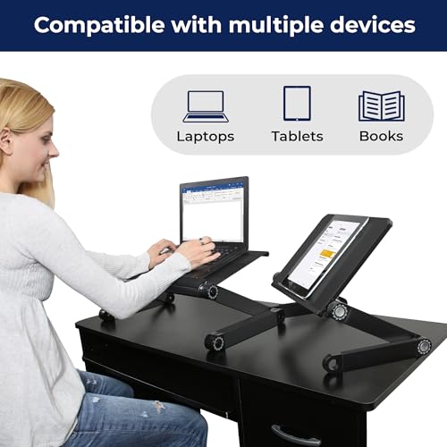 WorkEZ Light Adjustable Height Laptop Stand for Desk, Ergonomic Laptop Holder, Foldable Computer Stand, Cooling Computer Holder Notebook Riser for Desk, Black - color: Black