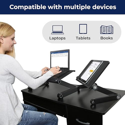 WorkEZ Light Adjustable Height Laptop Stand for Desk, Ergonomic Laptop Holder, Foldable Computer Stand, Cooling Computer Holder Notebook Riser for Desk, Black - color: Black