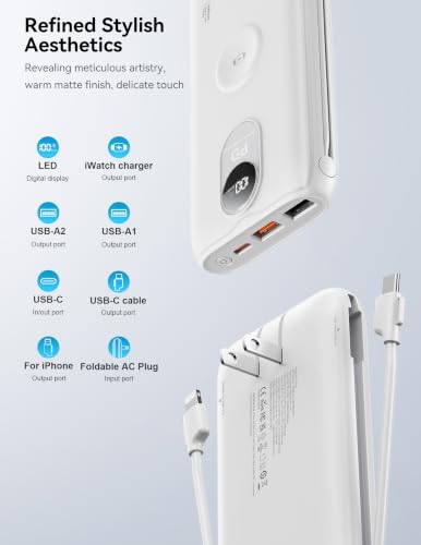 Portable Charger 10000mAh 20W, Wall Plug, 2 Cables, iWatch Charging | Digital Display, Compact Lightweight, USB C Fast Charge, USB-A 18W, Multi Protection, Travel Essential, for iPhone 17 16, Pad - color: Auroral White