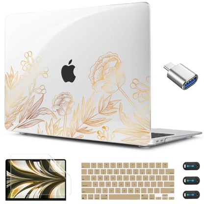 CISSOOK Compatible with MacBook Air 13.6 inch Case 2026 2025 2024 2023 2022 | A3449 A3240 A3113 A2681, 5in1 Set Hard Shell Case Keyboard Cover for MacBook Air 13 inch M2 M3 M4 M5, Gold Floral - color: Air13.6inch-Gold Floral Blossom