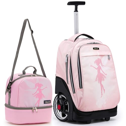 NEW TILAMI 19 Inch Rolling Backpack with Lunch Bag School Stair-Climbing | Stair-Climbing Teen Boys Girls Carry-on Suitcase Large Compartment 15.6 Laptop Sleeve Adjustable Handle Roller Travel Bag - color: Pink Fairy