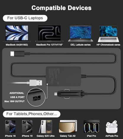 Laptop Car Charger 100W, USB C Port – Replacement for MacBook Pro/Air, Dell, HP,ASUS, Acer - with Extra USB-A Port for Tablets, Phones, Earbuds and More Other USBC Devices Computer AC Adapter