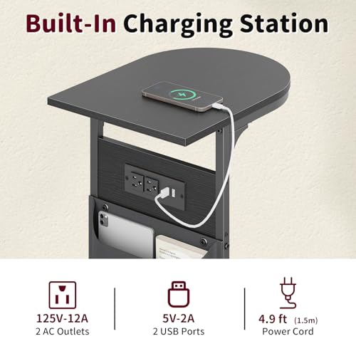 C Shaped End Table with Charging Station, Small Side Table for Couch, C Table Slides Under Sofa with Storage Bag, TV Tray Table for Recliner, Living Room, Bedside, Bedroom, Small Spaces, Black - color: Charging Station Black