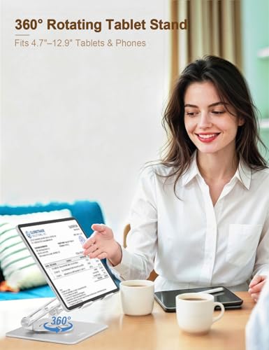 Aoviho Tablet Stand 360° Rotating Aluminum Holder, Adjustable, Portable and Foldable Monitors Stand for iPads, Compatible with 4-12.9" Tablets, Silver - color: Silver