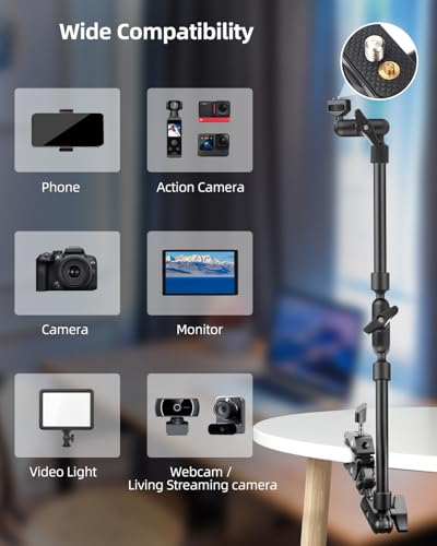22" Magic Arm w Clamp, Overhead Phone Mount, Desk Camera Mount w Articulating Friction Boom Arm Thread Adapter, for Phone Video Light Webcam Microphone Action Camera Content Creators - size: 22IN-BK