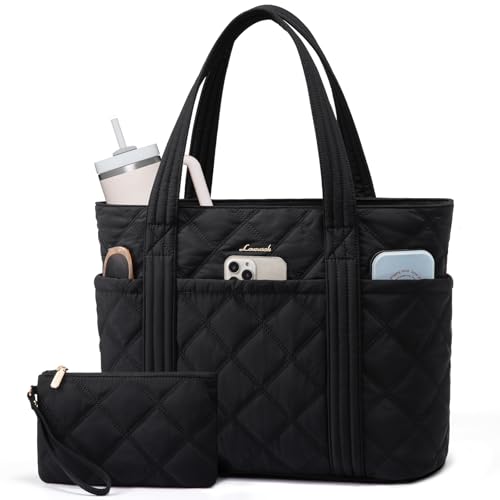 LOVEVOOK Puffer Tote Bag for Women, Puffy Work Handbag with Cup Holder, Travel Carry On Bag with Zipper for Teacher Nurse Gym - color: Black, size: 15.6 Inch-27L