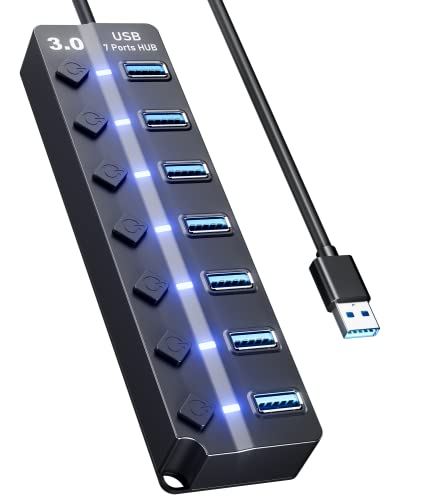USB Hub 3.0, 7 Port USB hub with LED Individual On/Off Switches and Extended Long Cable for MacBook, Mac Pro, Mac mini, iMac, Surface Pro, XPS, PC - 4ft
